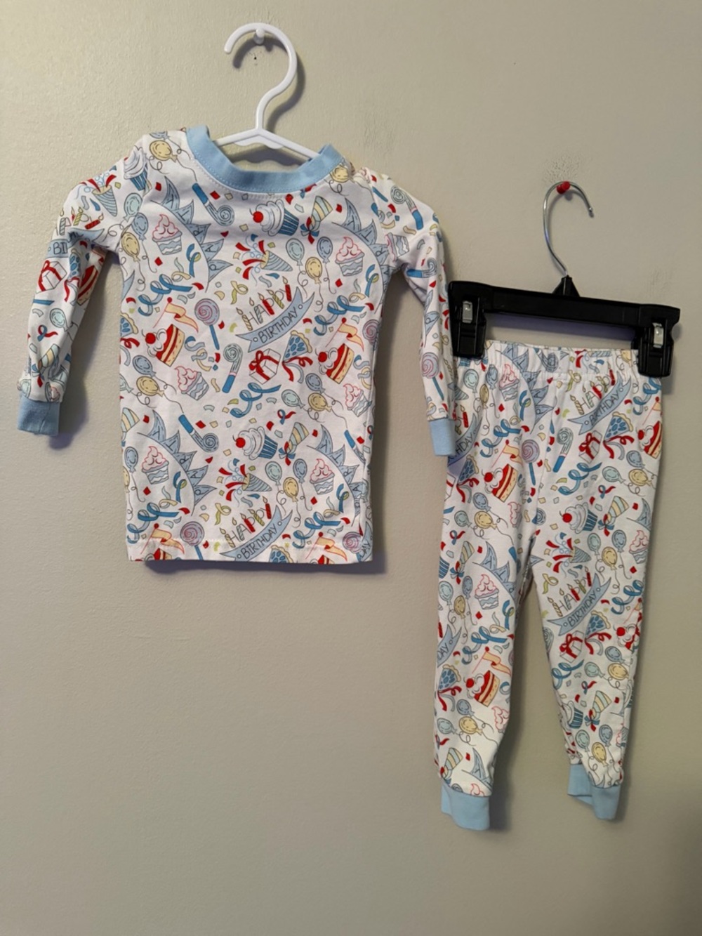 Classic Whimsy White Birthday Party Print Pajama Set with Light Blue Trim
